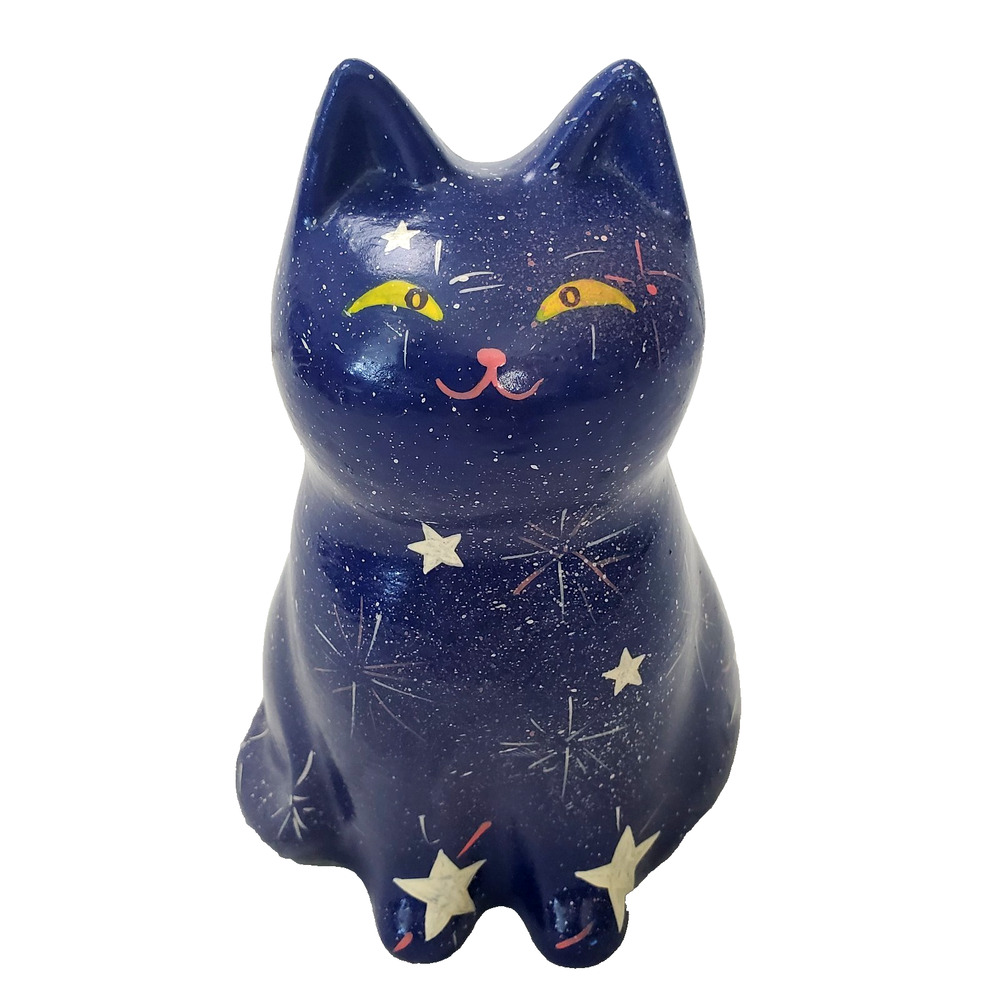 Vintage Ceramic Celestial Kitten Cat Hand Painted "Midnight" Signed Camille 1982